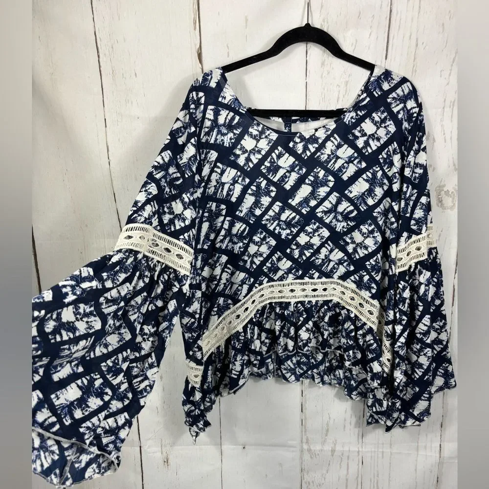 Chelsea & Theodore Navy Boho Top Ruffled Hem Flared Bell Sleeve Crochet Trim